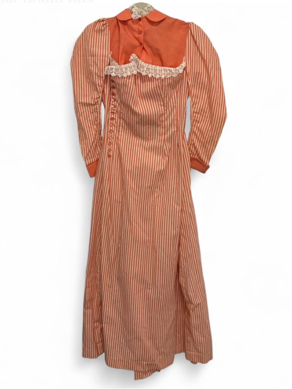 Vintage Handmade Orange Striped Maxi Dress with Lace Trim